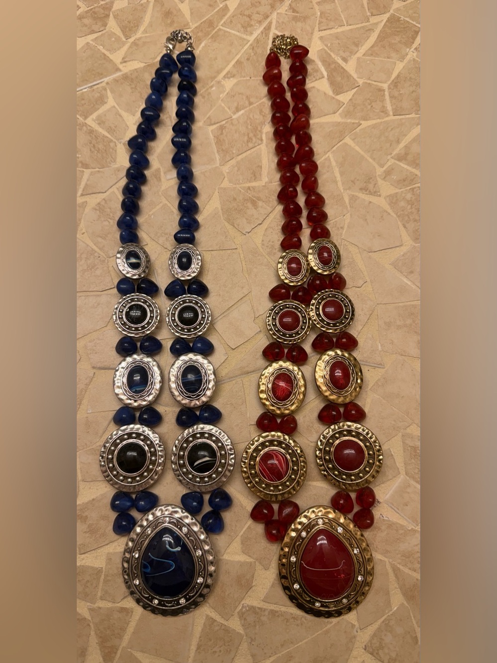 2 Mixed Media Long Statement Necklace